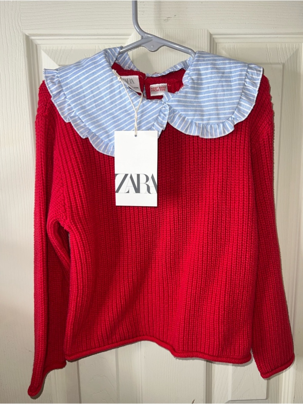 NWT Zara Girls Red Knit Sweater Blue White Peter Pan Ruffle Collar Size 4T